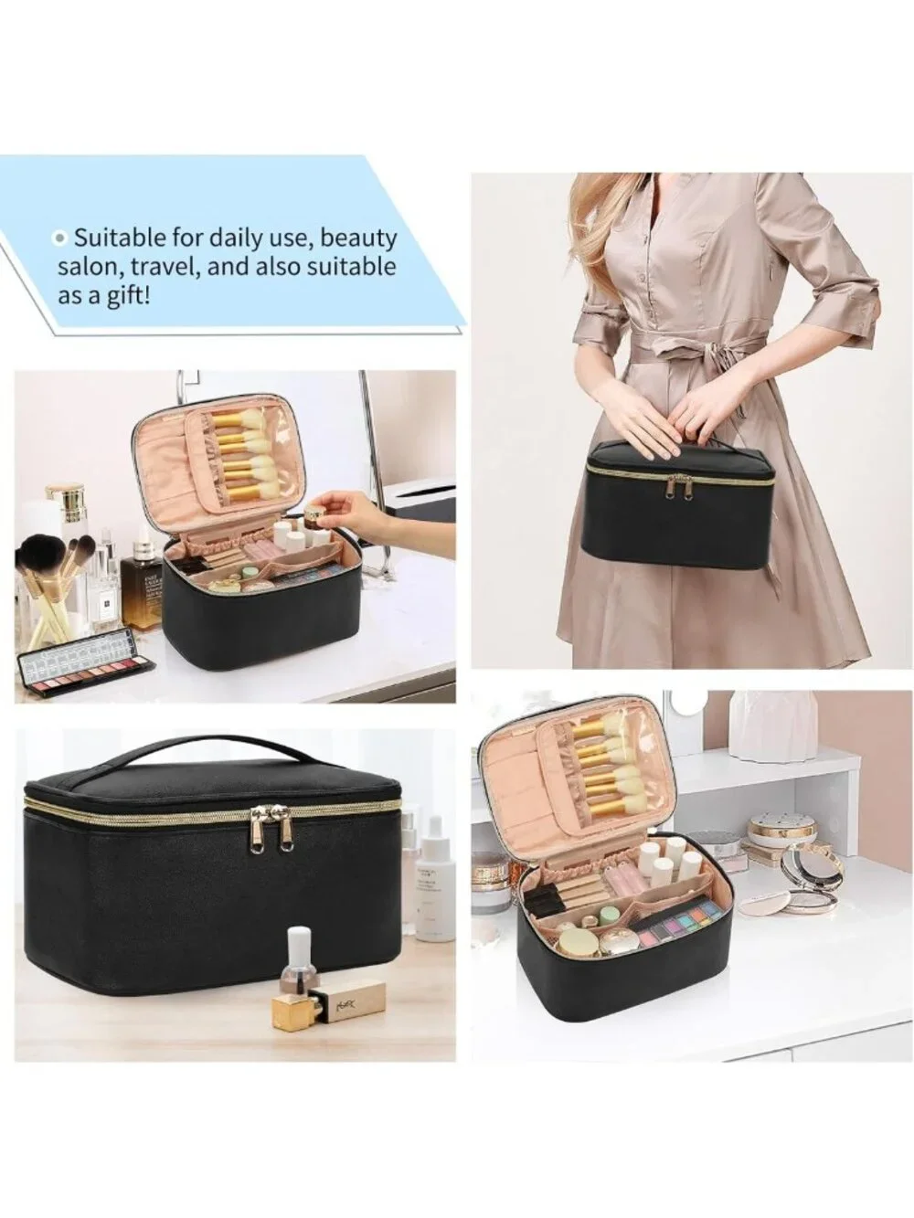 Large Capacity Portable Makeup Bag Organizer for Travel - Black Cosmetic Case